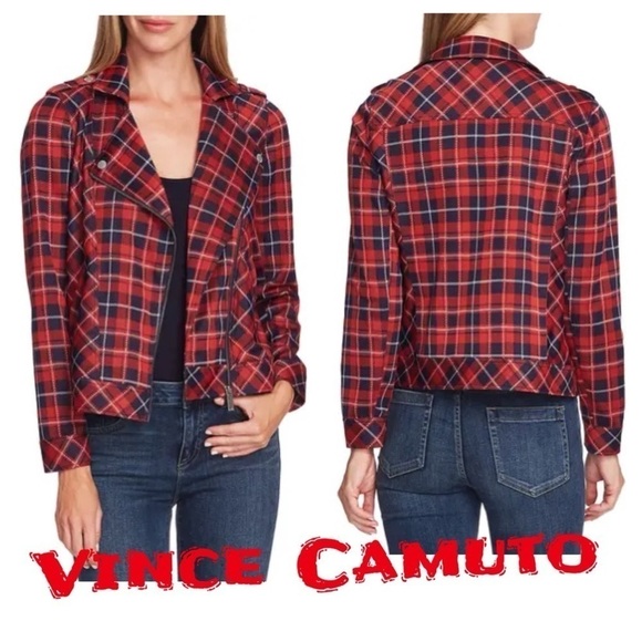 Vince Camuto Plaid Knit Moto Jacket red black fall winter - Picture 1 of 13